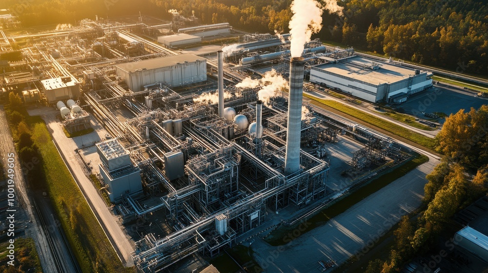 Aerial view of a natural gas power plant with large pipelines and industrial buildings, showcasing efficient energy production