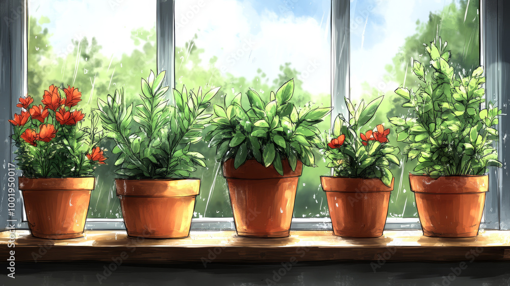 Five potted plants sit on a window sill, enjoying the rain. Five potted plants sit on a window sill, enjoying the rain.