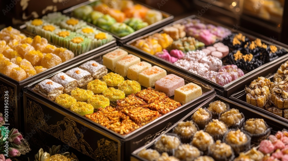 An assortment of luxurious festival sweets from around the world, beautifully presented in elegant containers. An assortment of luxurious festival sweets from around the world, beautifully presented in elegant containers.