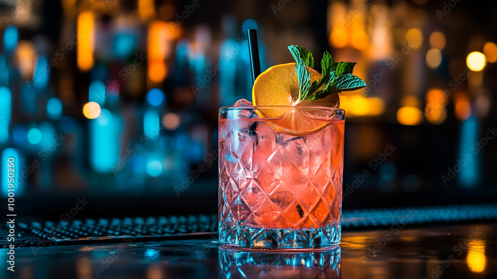 Vibrant cocktail featuring fresh garnishes at a lively bar celebrating National Bartender Day Vibrant cocktail featuring fresh garnishes at a lively bar celebrating National Bartender Day