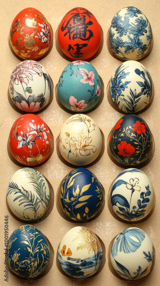 Hand-painted eggs with delicate floral and abstract designs. Hand-painted eggs with delicate floral and abstract designs.