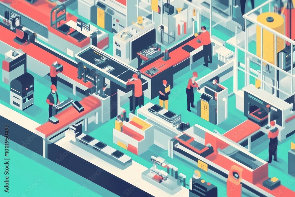 A busy, automated factory with a red and blue conveyor belt system and many workers. A busy, automated factory with a red and blue conveyor belt system and many workers.