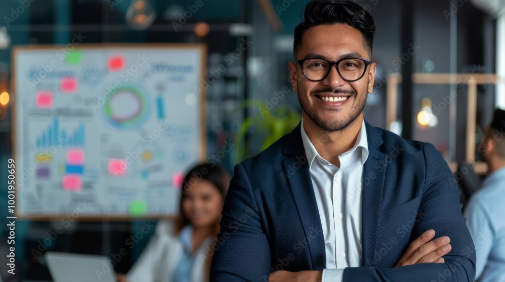 Fototapeta premium Stylish Latino Businessman in Modern Office Space