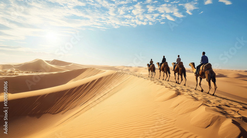 “Journey Across the Dunes: Riders on Camelback”