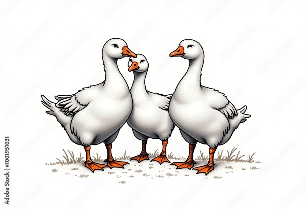 Obraz premium Farm-to-Table Artistry: Vintage Duck & Goose Illustrations for Farmers Market Promotions - Hand-Drawn Engraving Style Sketches with Ribbon on Clean White