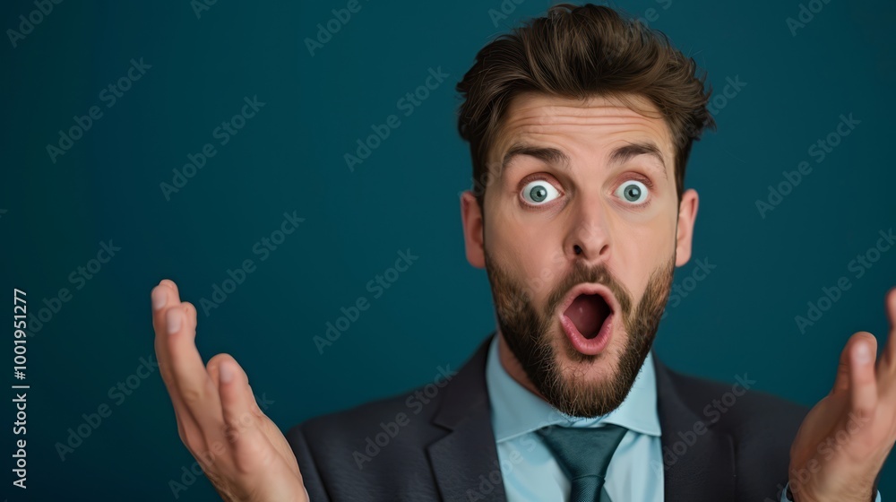 Surprised Businessman with Hands Raised in Studio Setting Surprised Businessman with Hands Raised in Studio Setting