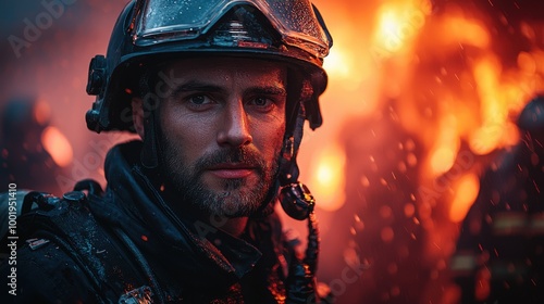 A firefighter stands resolute in front of raging flames during an intense rescue operation at night in a bustling urban area