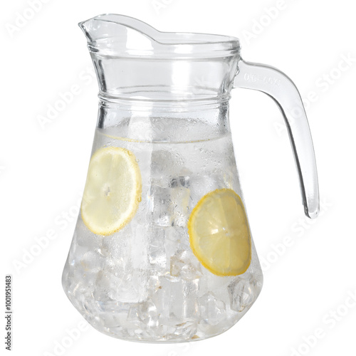 lemon in a glass jug with water and ice isolated on white background