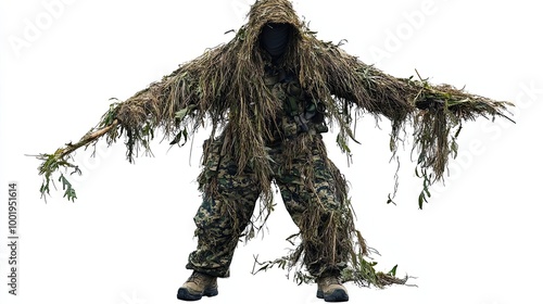 Camouflaged Soldier in Ghillie Suit with Face Covered