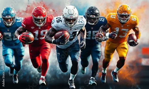 Dynamic scene of football players in action, showcasing athleticism.