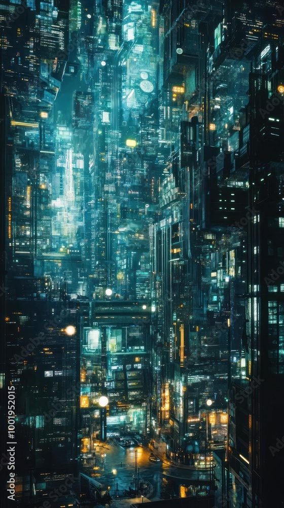 Naklejka premium A futuristic cityscape illuminated by neon lights, showcasing modern architecture and technology.