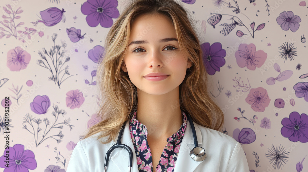 Young female doctor with a stethoscope around her neck standing against a floral wall.