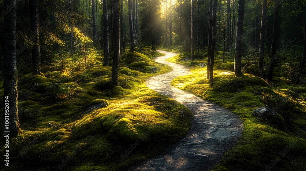 Fototapeta premium A winding stone path leads through a sun-dappled forest, with mossy ground and tall trees lining the way.