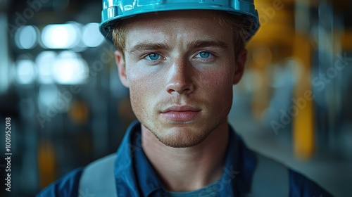 Young construction worker in safety gear posing for a portrait at a job site during the day