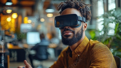 Young man experiences virtual reality technology in a modern office environment during daytime