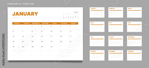 Set of 12 Pages Monthly Calendar Planner Templates on 2025 year. Vector mockup of a wall or desktop calendar with the week start on Monday for print. Pages size A4 -21x29.7cm