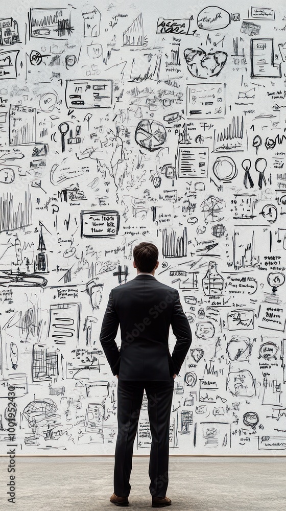 A person in a suit stands before a wall filled with various sketches and diagrams. A person in a suit stands before a wall filled with various sketches and diagrams.