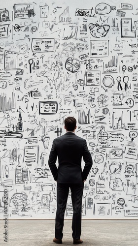 A person in a suit stands before a wall filled with various sketches and diagrams.