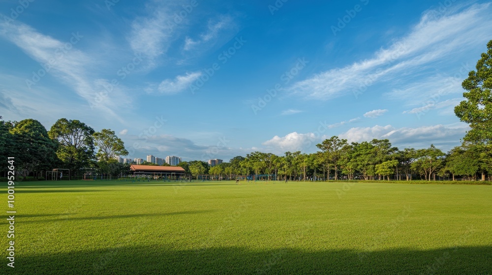 Beautiful, green grassy field with clear skies and joyful play activities filling the space, highlighting outdoor fun and energy. Beautiful, green grassy field with clear skies and joyful play activities filling the space, highlighting outdoor fun and energy.