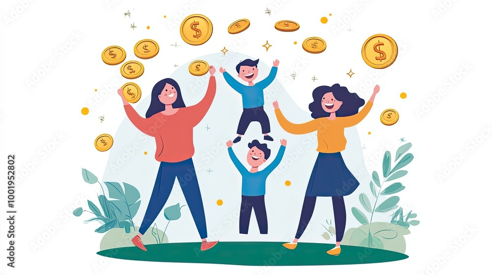 A family of four celebrating financial success with golden dollar coins raining down A family of four celebrating financial success with golden dollar coins raining down