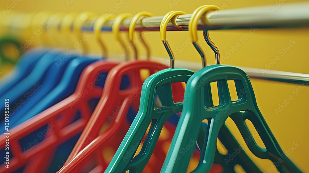 Close-up of Colorful Plastic Hangers on a Metal Rod Close-up of Colorful Plastic Hangers on a Metal Rod
