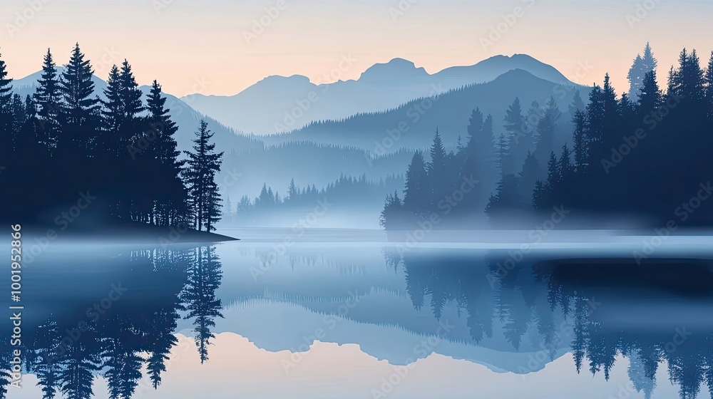 Fototapeta premium Misty Mountain Lake with Pine Trees Silhouetted Against a Pale Sky
