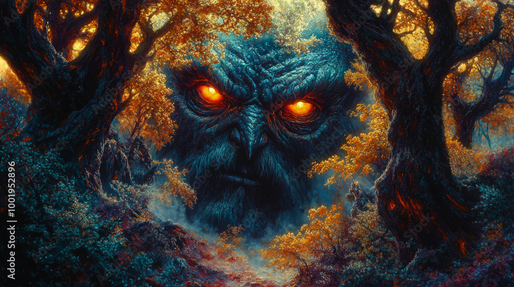 A monstrous face peers through the trees in a dark and mysterious forest. A monstrous face peers through the trees in a dark and mysterious forest.