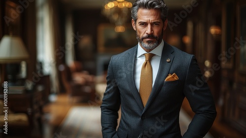 A well-dressed man in a tailored suit poses confidently in an elegant room with warm lighting, showcasing sophistication and style