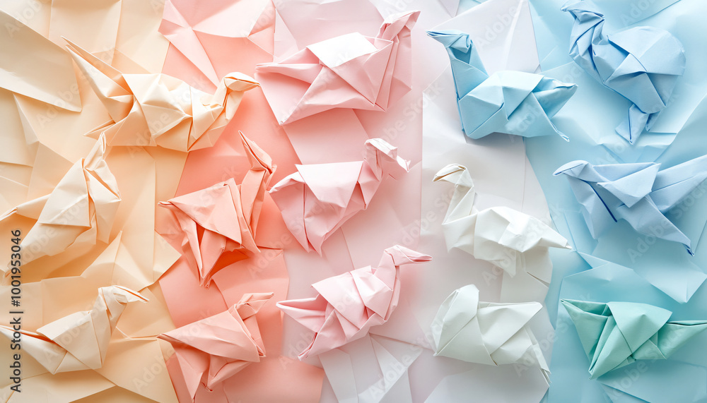 A pattern of folded origami animals or shapes in soft pastel colors, offering a sense of creativity and delicate craftsmanship A pattern of folded origami animals or shapes in soft pastel colors, offering a sense of creativity and delicate craftsmanship