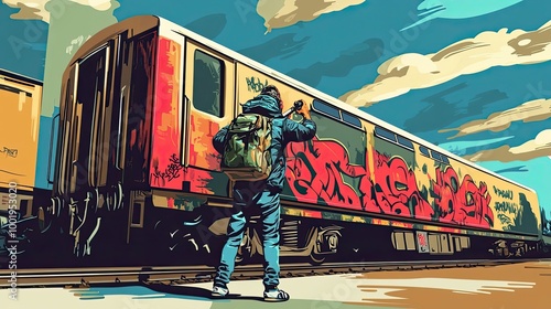 A Graffiti Artist Spray-Painting a Train Car