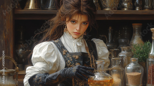 Wallpaper Mural Young woman in a white blouse and black gloves holding a bottle of liquid. Torontodigital.ca