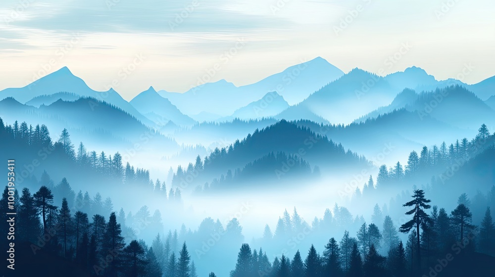 Obraz premium Misty Mountain Range with Silhouetted Trees