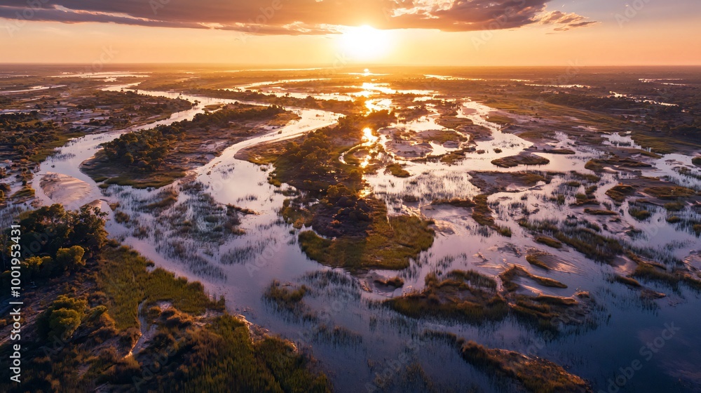 Aerial view of a winding river with lush vegetation and a golden sunset. Aerial view of a winding river with lush vegetation and a golden sunset.