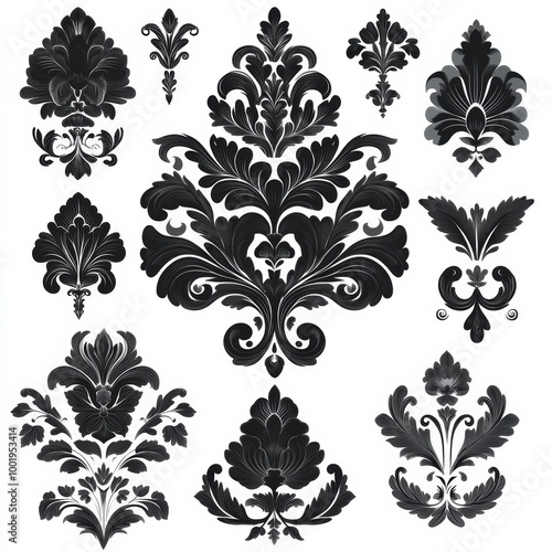 Set of vintage black floral elements isolated on white background.