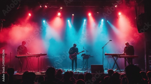 A band performs on stage lit by red and blue lights. photo