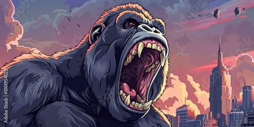 A gorilla Roaring Over City