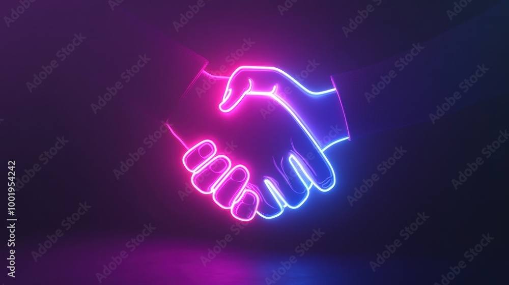 A neon handshake symbolizing agreement and collaboration. A neon handshake symbolizing agreement and collaboration.