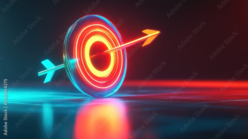 Fototapeta premium A stylized target with an arrow, illuminated by vibrant red and blue lights.