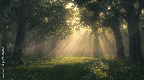 A fog-laden forest at dawn, with thin rays of light cutting through the mist