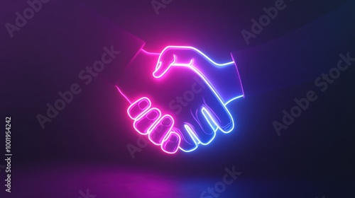 A neon handshake symbolizing agreement and collaboration. photo