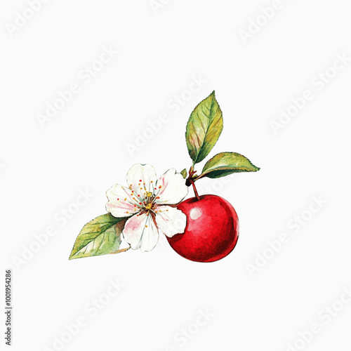 Vintage watercolor painting of a cherry with flowers in delicate style
 photo