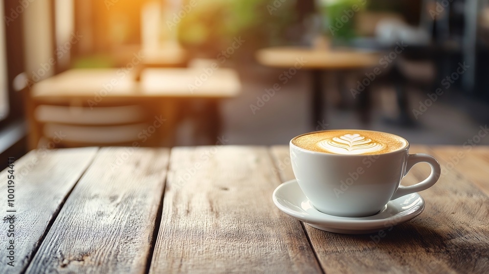 Cozy Coffee Scene with Latte Art on Wooden Table Cozy Coffee Scene with Latte Art on Wooden Table