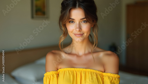 Beautiful smiling woman with soft updo hairstyle, wearing yellow off-shoulder top, smiling warmly, natural lighting, direct eye contact, indoors, relaxed and confident. Bedroom setting. photo