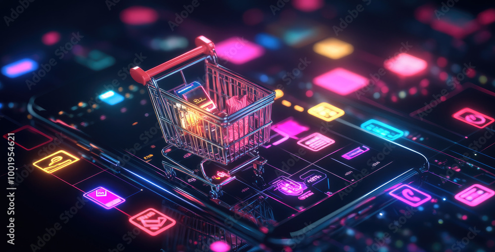 A digital shopping cart filled with various online products on top of an open smartphone screen, surrounded by glowing icons representing different types of e-commerce products and services A digital shopping cart filled with various online products on top of an open smartphone screen, surrounded by glowing icons representing different types of e-commerce products and services
