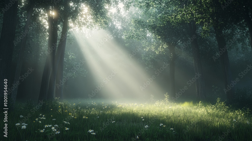 Fototapeta premium A misty woodland scene at daybreak, with gentle rays of sunlight just breaking through