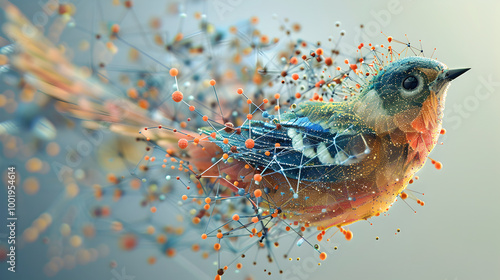 A bird constructed from a molecular kit showcases the fusion of science and nature, with intricate, vivid details visible in the top view.