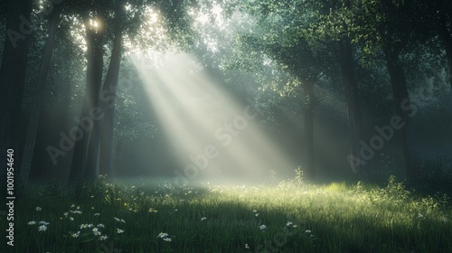 A misty woodland scene at daybreak, with gentle rays of sunlight just breaking through