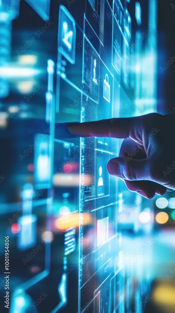 A hand interacting with a digital interface displaying data and graphics. A hand interacting with a digital interface displaying data and graphics.