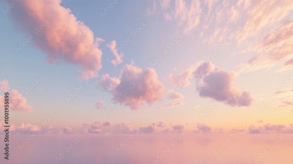 A romantic dusk sky with a few clouds shaped like feathers, floating gracefully in soft A romantic dusk sky with a few clouds shaped like feathers, floating gracefully in soft