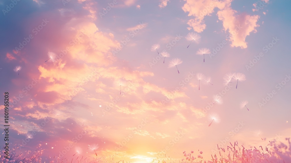 A romantic twilight sky with clouds shaped like dandelion seeds, floating gently across a soft A romantic twilight sky with clouds shaped like dandelion seeds, floating gently across a soft